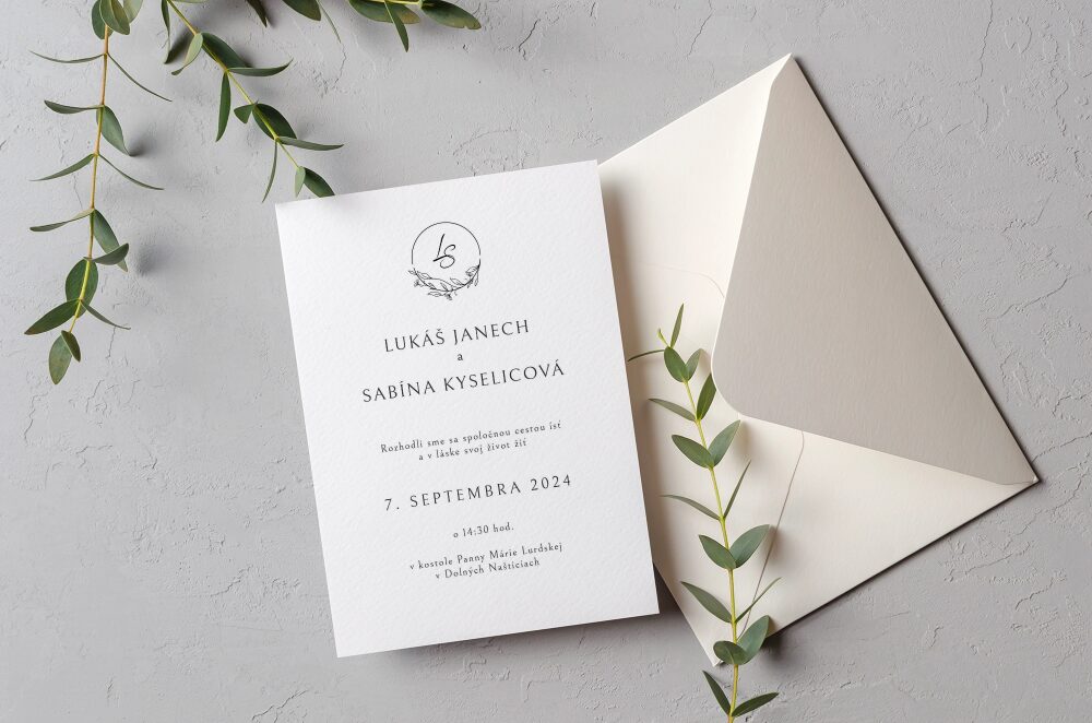 Wedding invitation card mockup with eucalyptus twigs and envelope